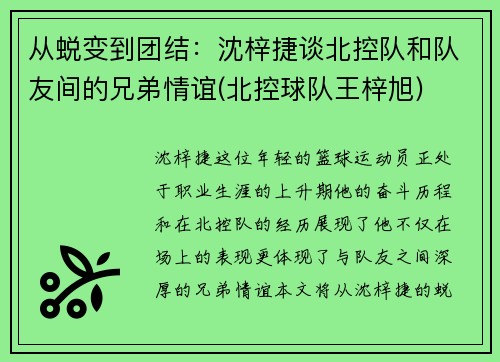从蜕变到团结：沈梓捷谈北控队和队友间的兄弟情谊(北控球队王梓旭)