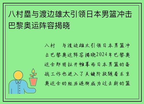 八村塁与渡边雄太引领日本男篮冲击巴黎奥运阵容揭晓