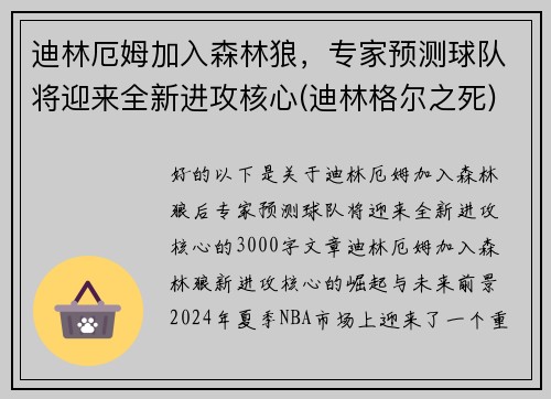迪林厄姆加入森林狼，专家预测球队将迎来全新进攻核心(迪林格尔之死)