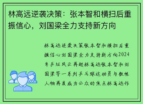 林高远逆袭决策：张本智和横扫后重振信心，刘国梁全力支持新方向